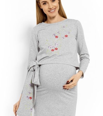 Be MaaMaa Elegantní těhotenské šaty, tunika s výšivkou a stuhou, L/XL - sv. šedé (kojící)