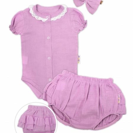 Baby Nellys 3-dílná mušelínová soupravička, body, kraťasky + čelenka GIRL, lila, vel. 62